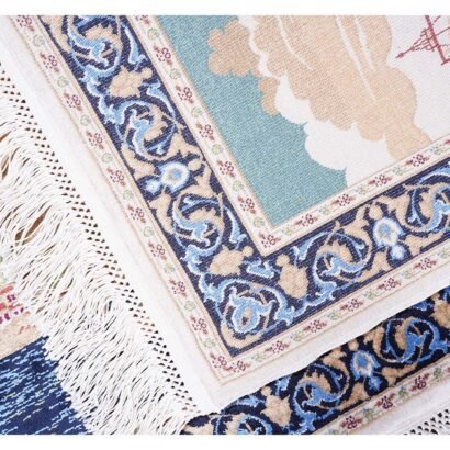Turkish Small Rug Blue Beige Silk Portrait 1.6x2.2 ft - Rugs 1