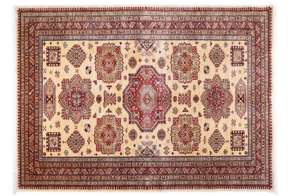 Hand-Knotted Sirvan Afghan Rug – Beige & Red Geometric Wool Rug | Rugs1
