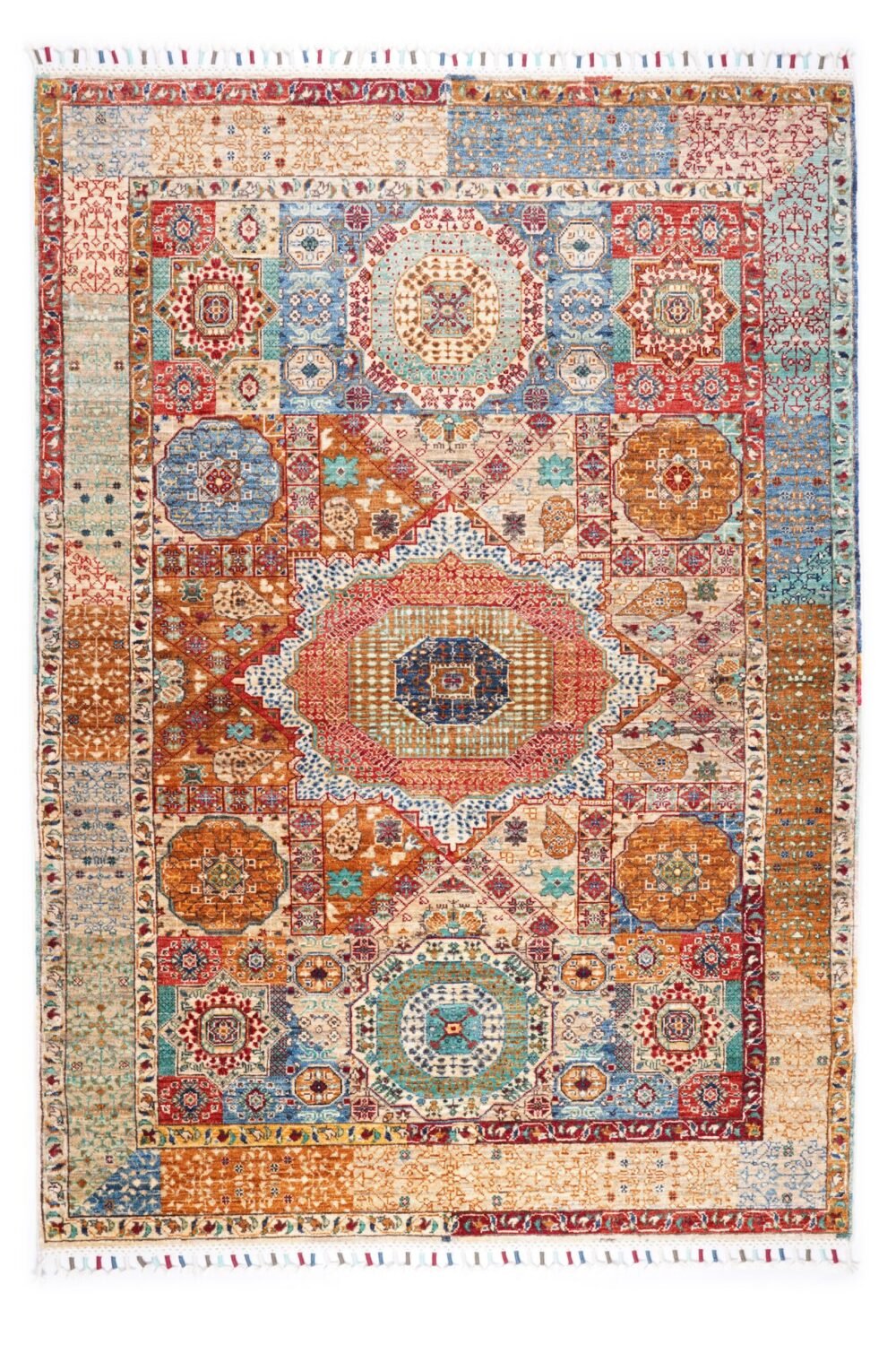 Hand-knotted Afghan Memluk rug with geometric rainbow pattern