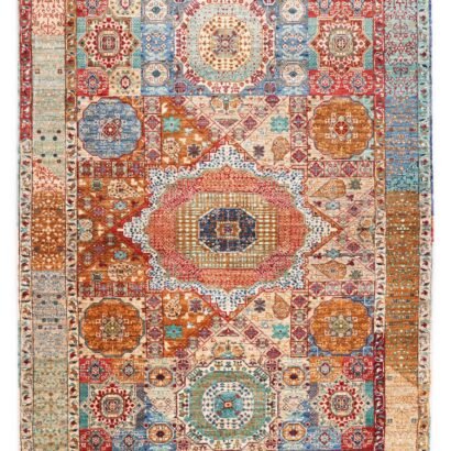 Hand-knotted Afghan Memluk rug with geometric rainbow pattern