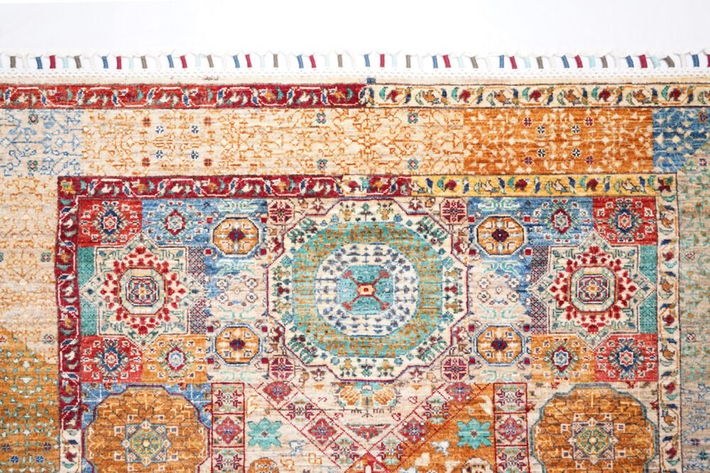 Hand-knotted Afghan Memluk rug with geometric rainbow pattern