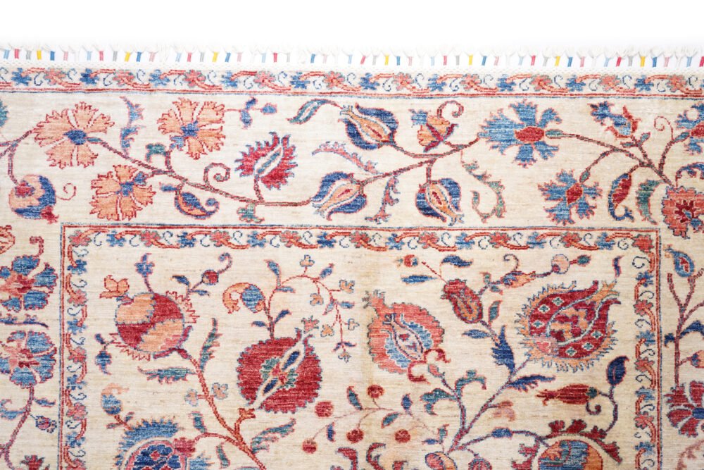 Hand-Knotted Afghan Usak Rug – Beige & Red Floral Wool Rug | Rugs1