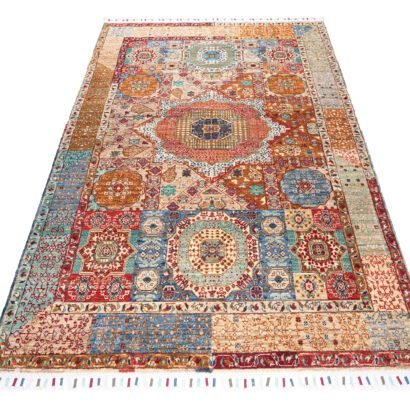 Hand-knotted Afghan Memluk rug with geometric rainbow pattern
