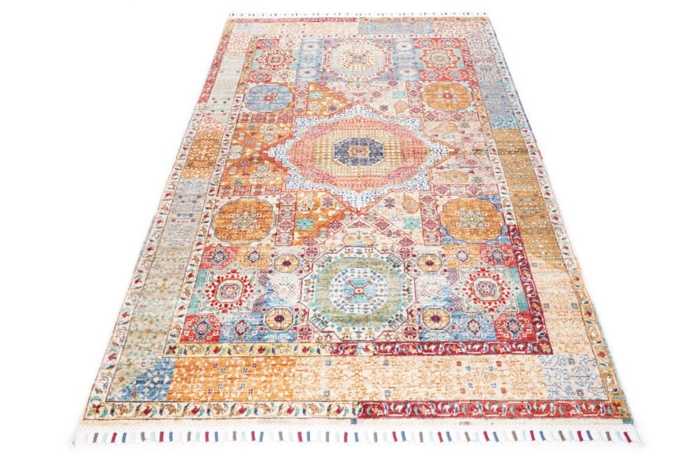 Hand-knotted Afghan Memluk rug with geometric rainbow pattern