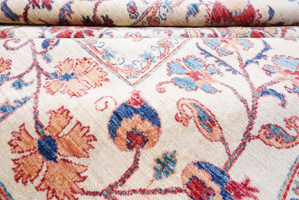 Hand-Knotted Afghan Usak Rug – Beige & Red Floral Wool Rug | Rugs1