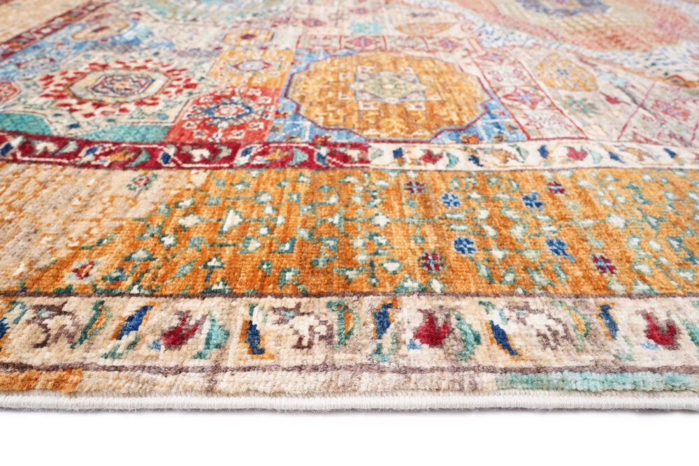 Hand-knotted Afghan Memluk rug with geometric rainbow pattern