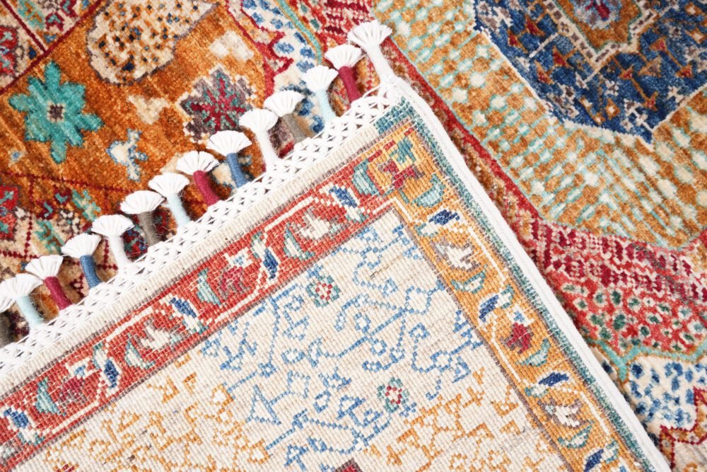 Hand-knotted Afghan Memluk rug with geometric rainbow pattern