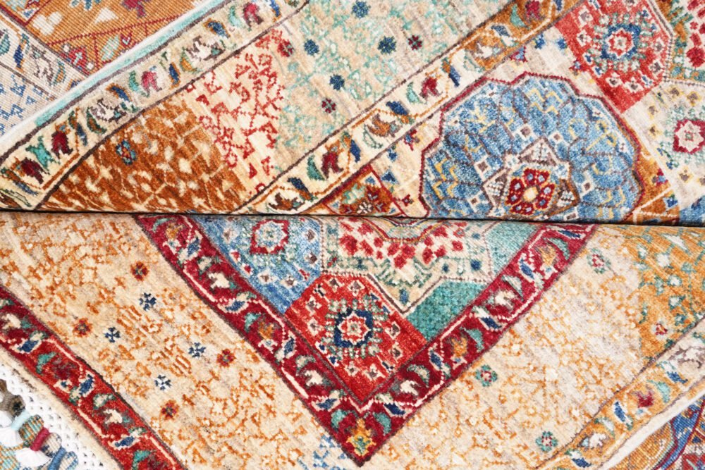 Hand-knotted Afghan Memluk rug with geometric rainbow pattern