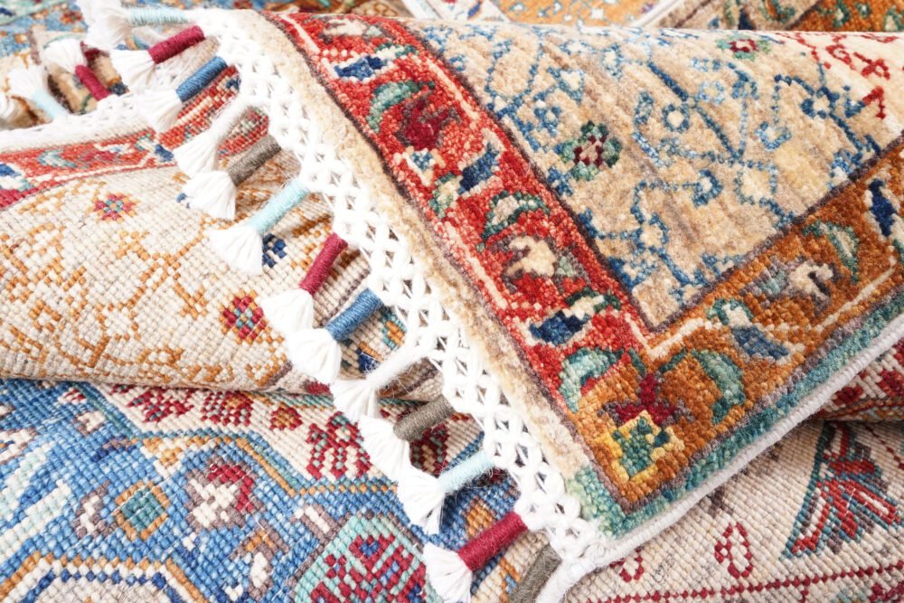 Hand-knotted Afghan Memluk rug with geometric rainbow pattern
