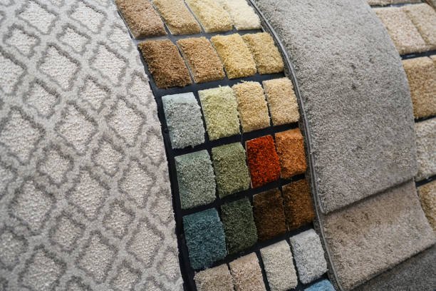 Colorful carpet samples in the store